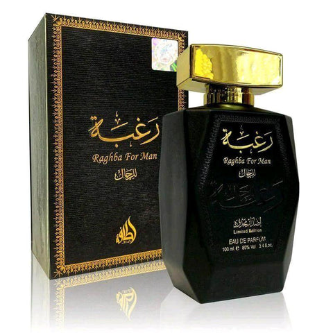 Raghba for Man 100ml EDP by Lattafa - Top Notes: Lemon Verbena, Iris, Lemon  Middle Notes:  Violet Leaf  Base Notes: Sandalwood, Ambergris, Leather, Cedar