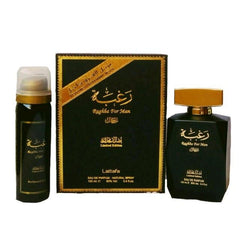 Raghba for Man 100ml EDP by Lattafa - Top Notes: Lemon Verbena, Iris, Lemon  Middle Notes:  Violet Leaf  Base Notes: Sandalwood, Ambergris, Leather, Cedar