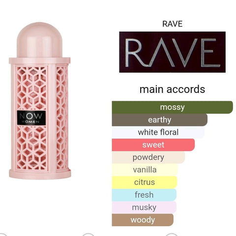 Rave Now Women by Lattafa 100ml EDP - Top notes: Red fruits and Orange  Heart notes: Lilly of the valley, Marshamallow and Jasmine  Base notes: Moss, Vanilla and Musk
