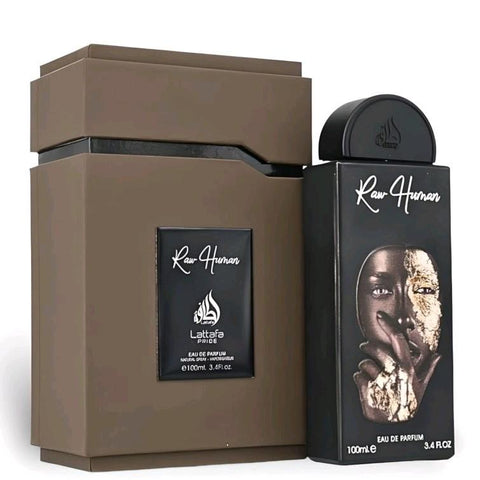 Raw Human 100ml EDP by Lattafa Pride - Top Notes: Apricot, Plum, Pink Pepper  Middle Notes: Osmanthus, Fir  Base Notes: Leather, Olibanum (Frankincense), Styrax