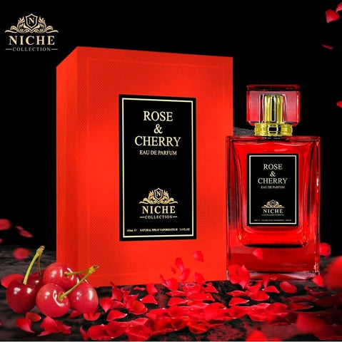 Rose and Cherry 100ml EDP by Khalis Niche - Top: Bulgarian Rose, Fuity notes, Geranium and Damsacun Rose Heart: Bulgarian Rose, Violet, Heliotrope, Tiare Flowers and Iris Base: Tonka Bean, Musk, Vanilla and Amber