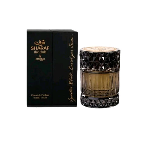 SHARAF THE CLUB 100ML EDP by Zimaya Afnan - Top: Apple, blackcurrant, pink pepper, and bergamot. Heart: Jasmine, pineapple, and patchouli, creating a captivating composition. Base: Rich woody notes of oakmoss, cedarwood, birch ambergris.
