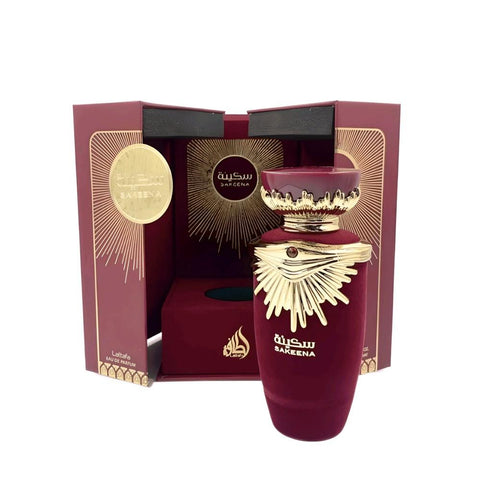 Sakeenah 100ml EDP by Lattafa - Top Notes: Passion Fruit, Tangerine  Heart Notes: Orange Blossom, Raspberry, Rose  Base Notes: Musk, Praline, Vanilla
