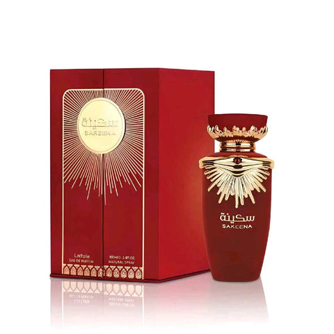 Sakeenah 100ml EDP by Lattafa - Top Notes: Passion Fruit, Tangerine  Heart Notes: Orange Blossom, Raspberry, Rose  Base Notes: Musk, Praline, Vanilla