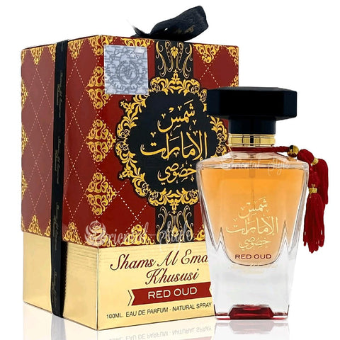 Shams Al Emarat Khususi Red Oud 100ML EDP by  Ard Al Zaafaran - Top Notes: Tangerine, Apple and Vanilla  Middle Notes: Roses, Vanilla, Spices and Ylang-ylang  Base Notes: Oud, White Musk, Sandalwood and Patchouli