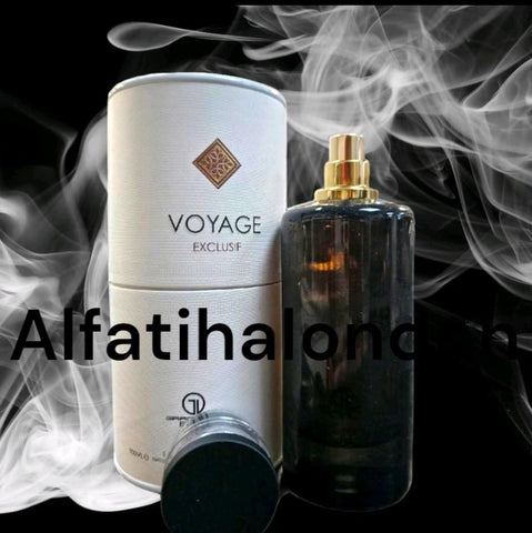 VOYAGE Exclusif 100ml EDP by Grandeur Elite - Top Notes: Labdanum, Patchouli, Sandalwood, Cedarwood, Amber, Incense, Amberwood  Heart Notes: Melon, Jasmine, Ginger, Nutmeg  Base Notes: Lemon, Grapefruit, Pink pepper, Bergamot, Coriander, Mint, Aldehydes