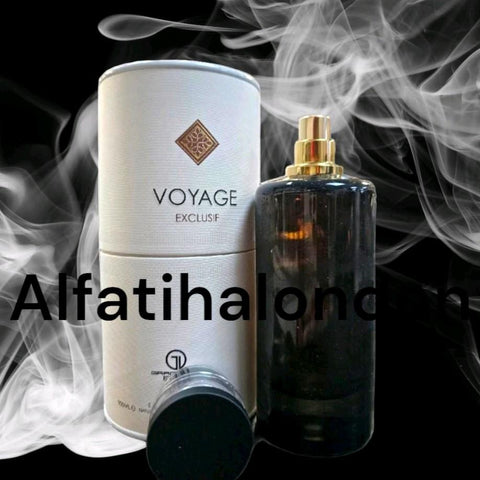 VOYAGE Exclusif 100ml EDP by Grandeur Elite - Top Notes: Labdanum, Patchouli, Sandalwood, Cedarwood, Amber, Incense, Amberwood  Heart Notes: Melon, Jasmine, Ginger, Nutmeg  Base Notes: Lemon, Grapefruit, Pink pepper, Bergamot, Coriander, Mint, Aldehydes