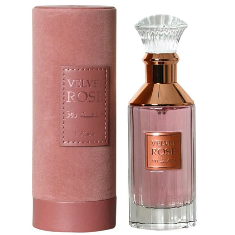 Velvet Rose 100ml EDP by Lattafa - Top Notes: Sweet Roses, Patchouli  Heart Notes: Labdanum, Musk  Base Notes: Musk, Amber