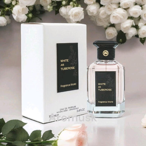 White As Tuberose 100ml EDP by Fragrance World - Top: Tuberose, Peach, Mandarin Heart: White Flowers, Cranberries, Vanilla Base: Musk, Orange Blossom, Sandalwood