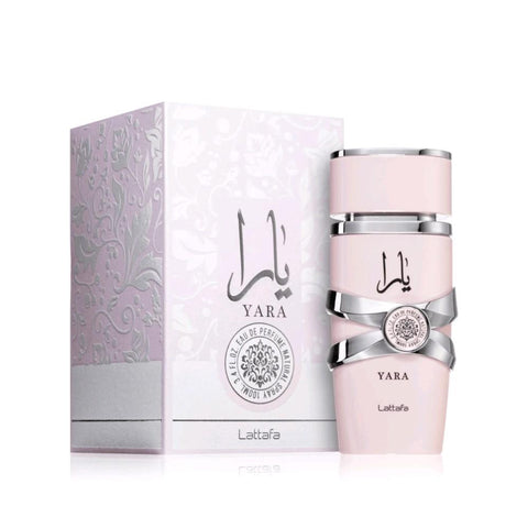 Yara Perfume 100ml EDP by Lattafa - Top Notes: Heliotrope, Orchid, Tangerine.  Middle Notes: Gourmand Accord, Tropical Fruits.  Base Notes: Vanilla, Sandalwood, Musk.