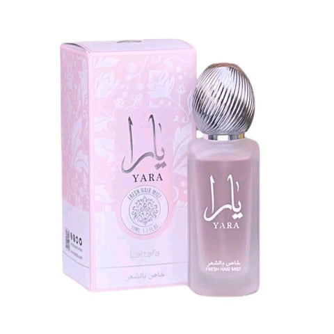 Yara Pink 50ml Perfumed Hair Mist - Top: Heliotrope, Orchid, Tangerine Heart: Gourmand Accord, Tropical Fruits Base: Vanilla, Sandalwood, Musk