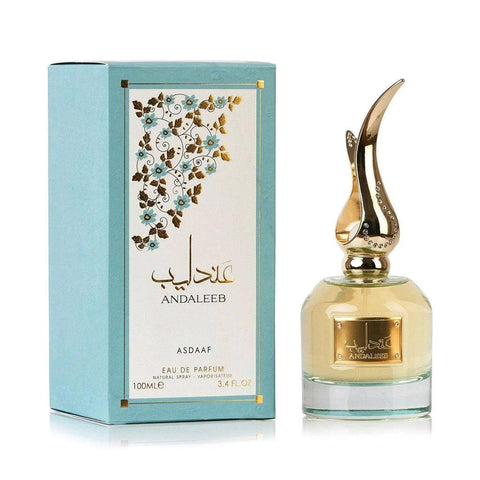Andaleeb Perfume 100ml EDP by Asdaaf - Top Notes: Orange, Pear, Bergamot Middle Notes: White Flowers, Jasmine, Rose Base Notes: Caramel, Amber, Musk, Sandalwood