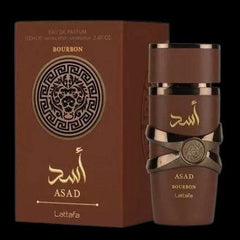 Asad Bourbon 100ml EDP by Lattafa - Top Notes: Mirabelle Plum, Pink Pepper, Lavender  Heart Notes: Nutmeg, Davana, Cacao  Base Notes: Bourbon Vanilla, Vetiver, Amber