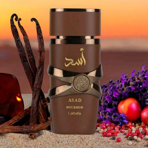 Asad Bourbon 100ml EDP by Lattafa - Top Notes: Mirabelle Plum, Pink Pepper, Lavender  Heart Notes: Nutmeg, Davana, Cacao  Base Notes: Bourbon Vanilla, Vetiver, Amber