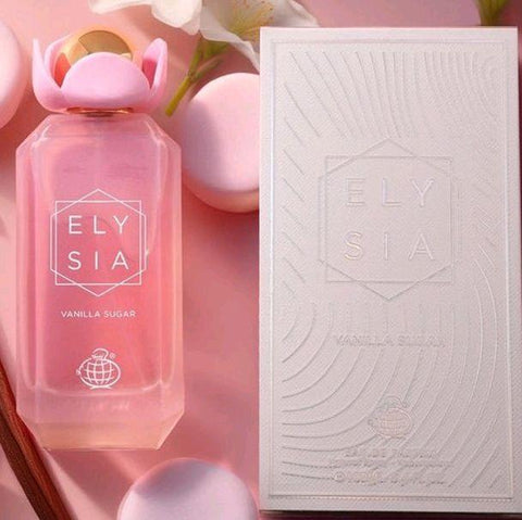 ELYSIA VANILLA SUGAR 100ML EDP - Top notes: vanilla, pear, marshmallow, rum, violet leaves, ylang-ylang  Middle notes: bubble gum, jellybean, caramel, jasmine, labdanum  Base notes: sugar, patchouli, tonka, cashmere wood, sandalwood, vetiver