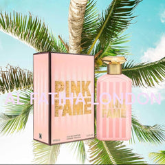 Pink Fame Perfume 100ml EDP by Fragrance World - Top Note: Coconut Water, Bergamot.  Middle Note: Jasmine, Heliotrope.  Base Note: Bourbon Vanilla, Cashmeran.