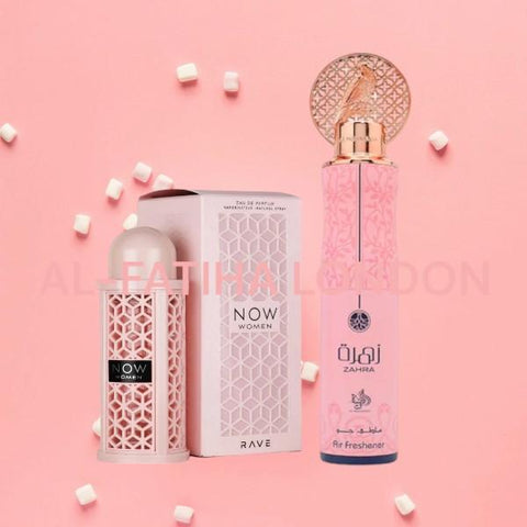 Rave Now Women 100ml EDP & Zahra 300ml Air Freshener (Inspired by Rave Now Women) -  Top Notes: Red Fruits, Orange  Middle Notes: Marshmallow, Lily of the Valley, Jasmine  Base Notes: Vanilla, Musk, Moss