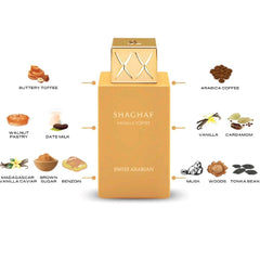 Shaghaf Vanilla Toffee 75ml EDP by Swiss Arabian - Top notes are Toffee and Coffee; middle notes are Vanilla, Dates, Walnut, Cardamom and Milk; base notes are Brown sugar, Madagascar Vanilla, Benzoin, Woody Notes, Vanilla Caviar, Tonka Bean and Musk.